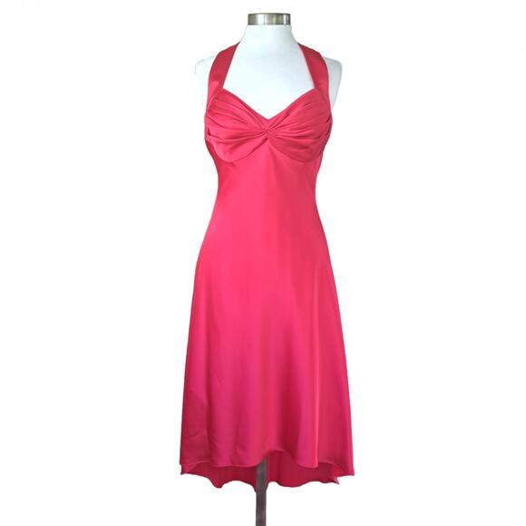 CALVIN KLEIN Red Satin Midi Cocktail Dress Sz 10 Sweetheart High Low X Back - Picture 2 of 9
